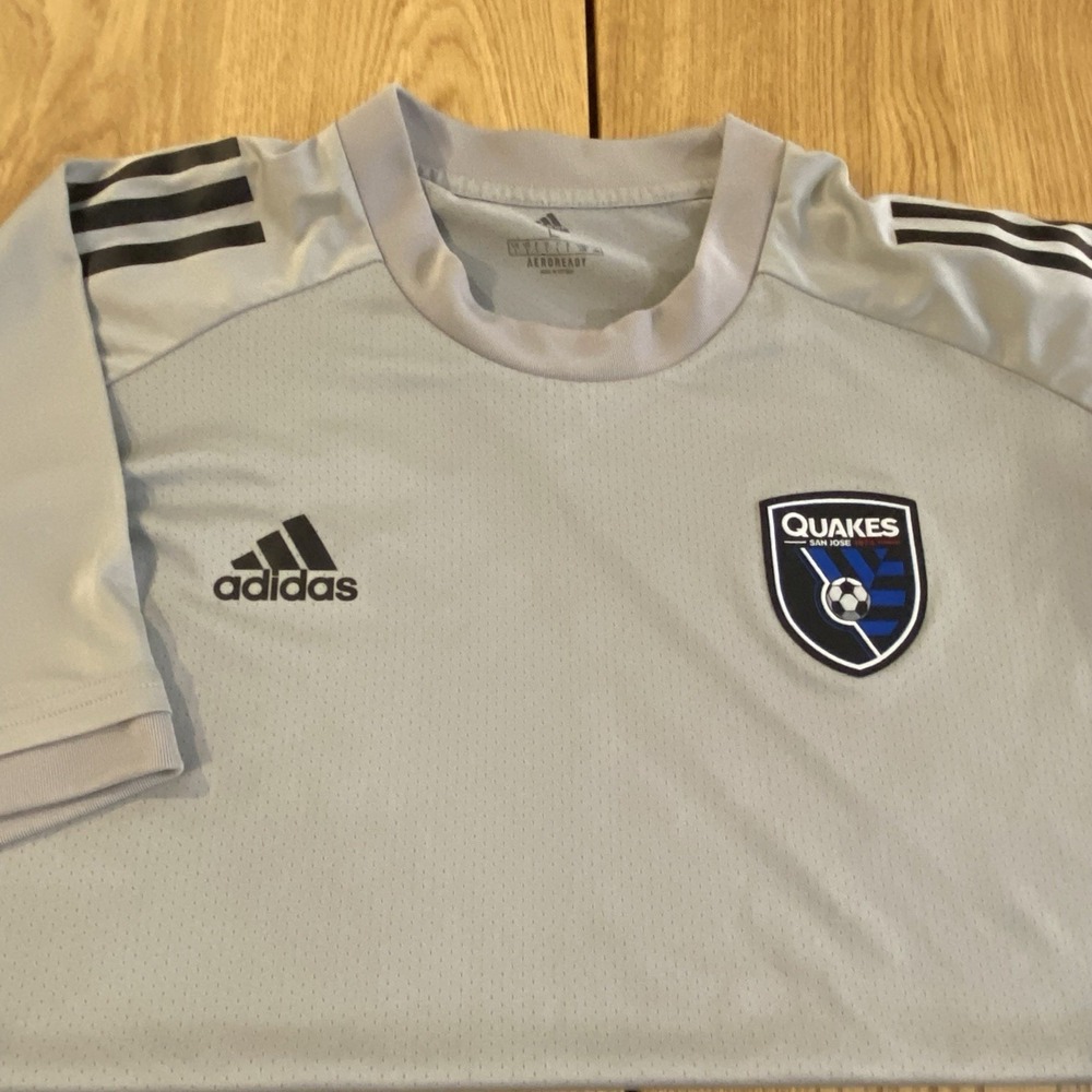 Adidas Training shirt Quakes Soccer Large‎ Gray Triple Stripe Performance Men's